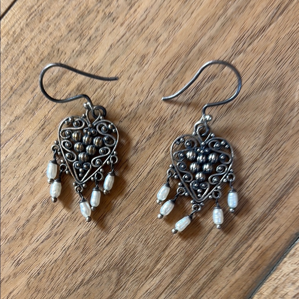 Silver and White Drop Heart Earrings